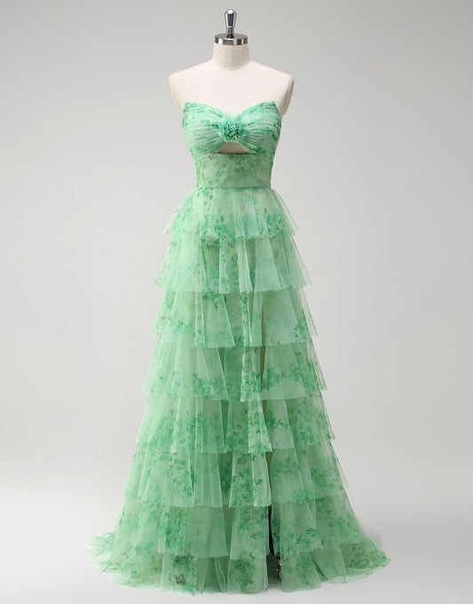 Robe de bal longue à volants en tulle à imprimé floral vert, coupe trapèze, décolleté en cœur