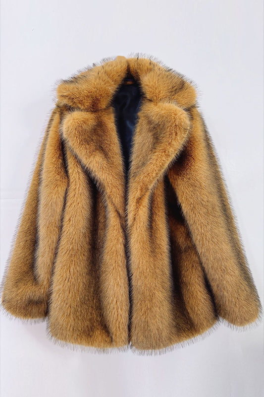 Manteau en fausse fourrure à revers crantés brun moelleux