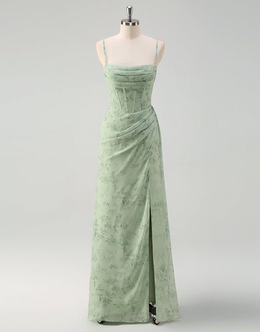 Robe de bal en tulle imprimé spaghetti Dusty Sage en forme de A