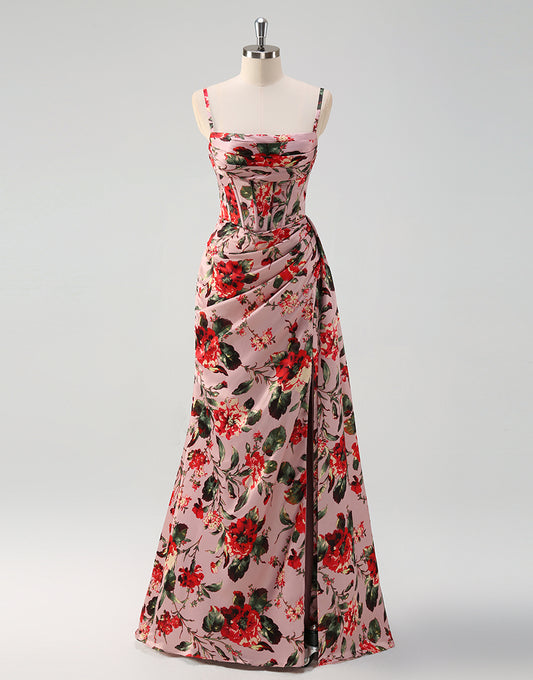 Robe de bal en A rose rouge imprimée de fleurs spaghetti avec fente