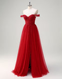Robe de bal trapèze sans bretelles en tulle avec appliques en dentelle et fente