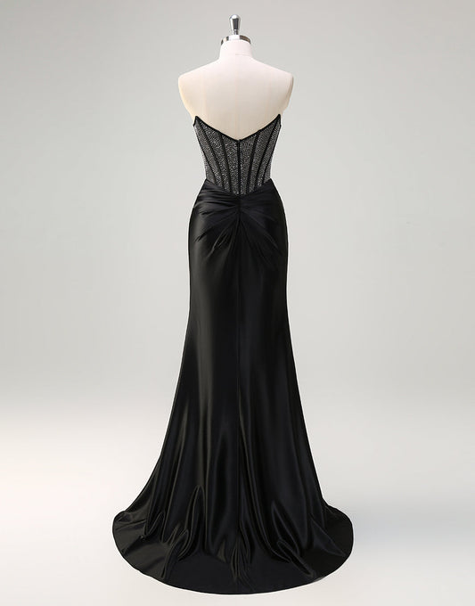 Robe de bal noire sans bretelles avec cristaux et fente