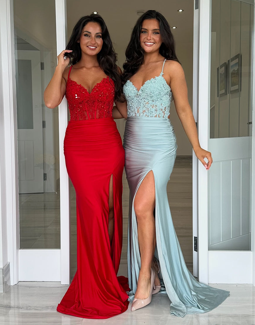 Robe de bal longue sirène bleu royal à bretelles spaghetti