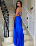 Robe de bal longue sirène bleu royal à bretelles spaghetti