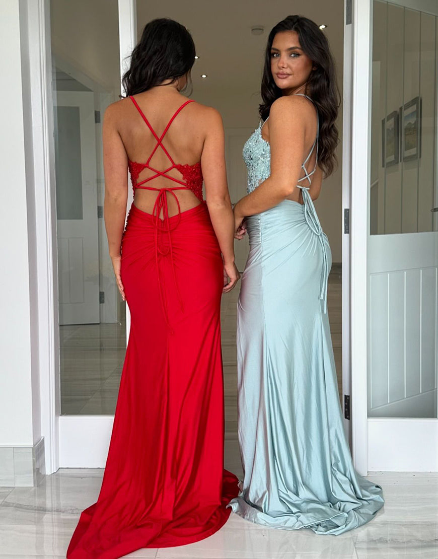 Robe de bal longue sirène bleu royal à bretelles spaghetti