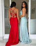 Robe de bal longue sirène bleu royal à bretelles spaghetti