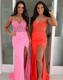 Robe de bal longue sirène spaghetti rose avec perles