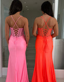 Robe de bal longue sirène spaghetti rose avec perles