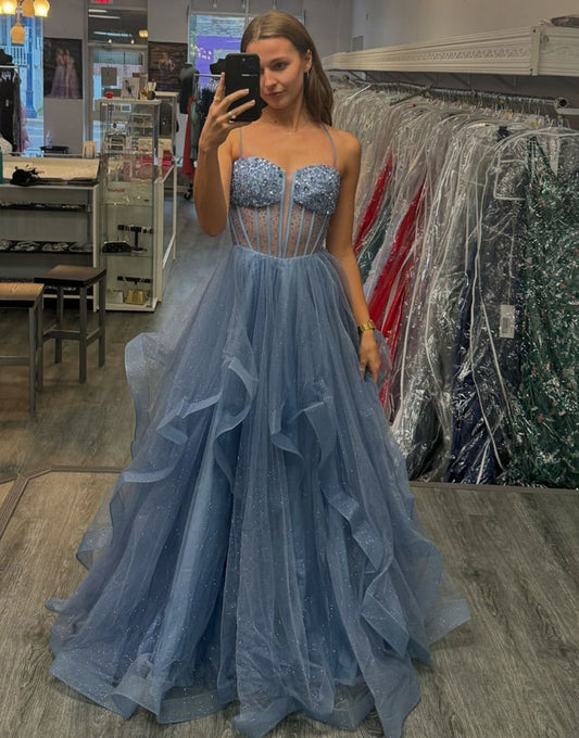 Robe de bal longue trapèze à paillettes grises et bleues scintillantes en tulle spaghetti à plusieurs niveaux