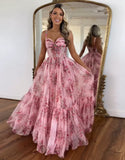 Robe de bal trapèze en tulle à imprimé spaghetti et longueur au sol