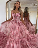 Robe de bal trapèze en tulle à imprimé spaghetti et longueur au sol
