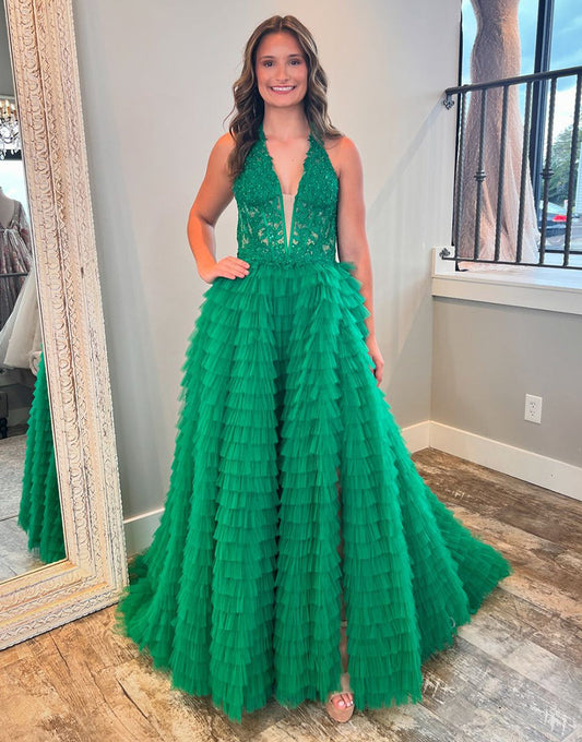 Robe de bal à volants et appliques vert foncé avec licou et coupe A