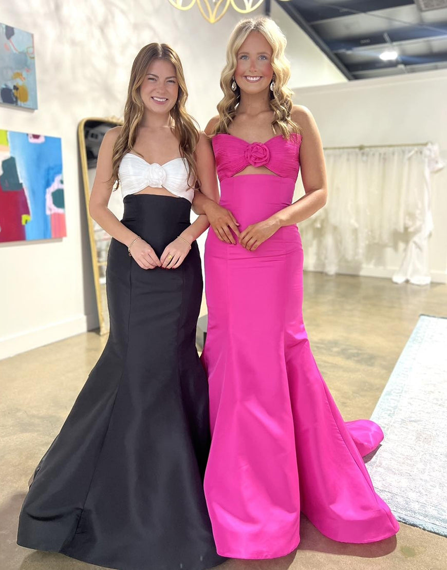 Robe de bal longue en satin fuchsia à décolleté en cœur et à coupe sirène
