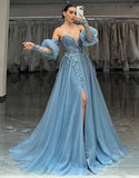 Robe de bal longue en tulle à décolleté en cœur gris bleu scintillant avec appliques