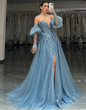 Robe de bal longue en tulle à décolleté en cœur gris bleu scintillant avec appliques