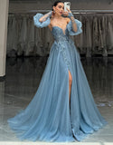 Robe de bal longue en tulle à décolleté en cœur gris bleu scintillant avec appliques