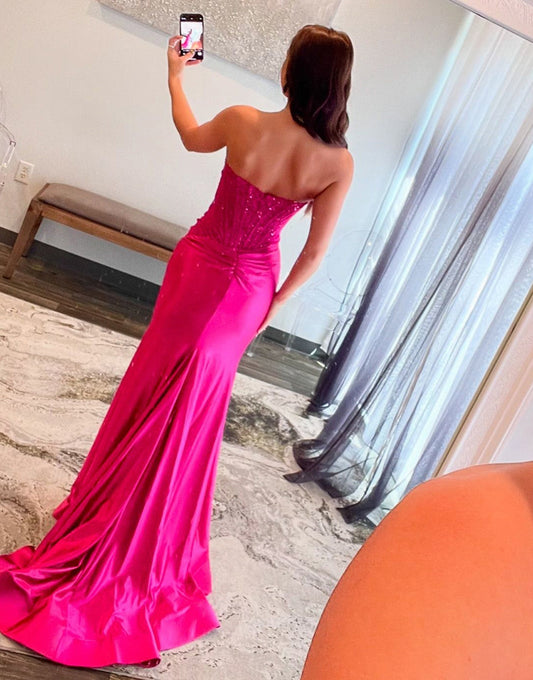 Robe de bal longue sirène sans bretelles fuchsia scintillante avec paillettes
