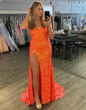 Robe de bal longue à paillettes orange scintillantes et fente