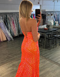 Robe de bal longue à paillettes orange scintillantes et fente