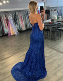 Robe de bal longue à paillettes orange scintillantes et fente