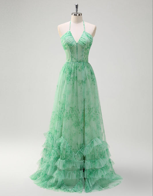 Robe de bal longue à volants et imprimé floral vert avec col licou et fente