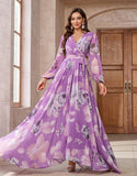 Robe de bal violette à imprimé floral, coupe A, col en V, manches longues, avec ceinture