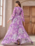 Robe de bal violette à imprimé floral, coupe A, col en V, manches longues, avec ceinture