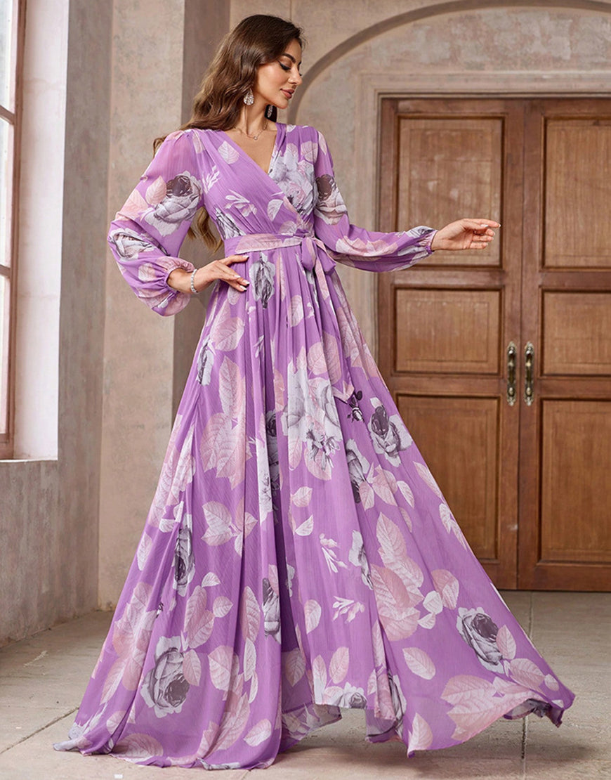 Robe de bal violette à imprimé floral, coupe A, col en V, manches longues, avec ceinture