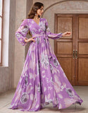 Robe de bal violette à imprimé floral, coupe A, col en V, manches longues, avec ceinture
