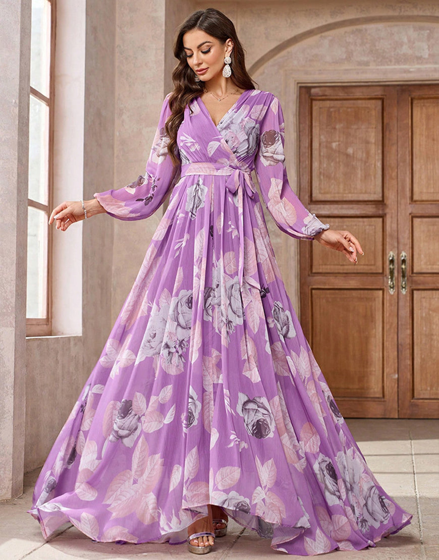 Robe de bal violette à imprimé floral, coupe A, col en V, manches longues, avec ceinture