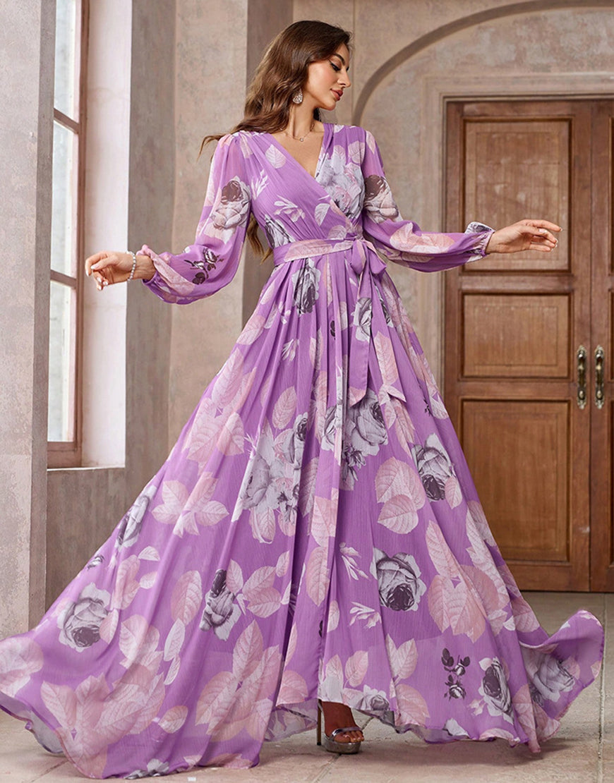 Robe de bal violette à imprimé floral, coupe A, col en V, manches longues, avec ceinture