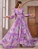 Robe de bal violette à imprimé floral, coupe A, col en V, manches longues, avec ceinture
