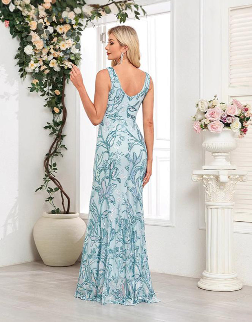 Robe de bal sirène bleue à col en V et paillettes appliquées avec longueur au sol