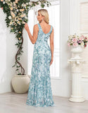 Robe de bal sirène bleue à col en V et paillettes appliquées avec longueur au sol