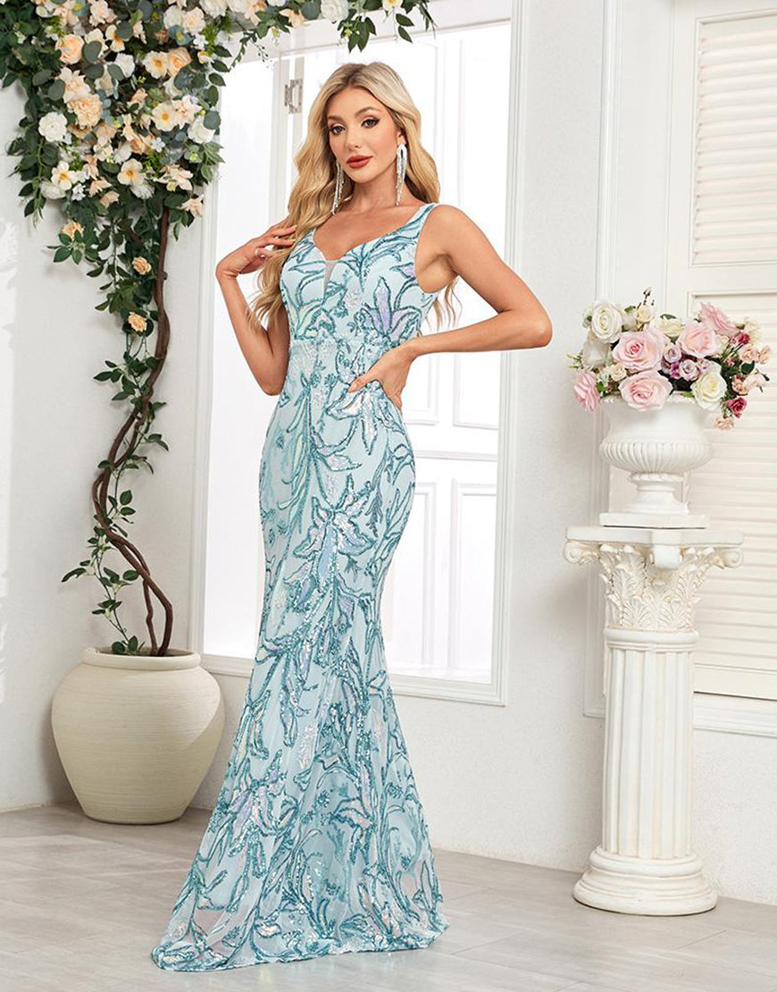 Robe de bal sirène bleue à col en V et paillettes appliquées avec longueur au sol