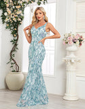 Robe de bal sirène bleue à col en V et paillettes appliquées avec longueur au sol