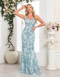 Robe de bal sirène bleue à col en V et paillettes appliquées avec longueur au sol