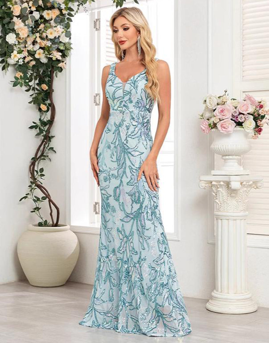 Robe de bal sirène bleue à col en V et paillettes appliquées avec longueur au sol