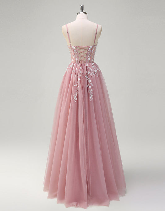Robe de bal trapèze en tulle avec appliques spaghetti et fente
