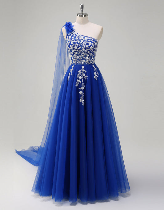 Robe de bal trapèze asymétrique en tulle avec appliques et perles et fente