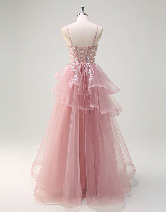 Robe de bal trapèze en tulle à fines bretelles gris-rose