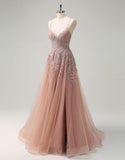 Robe de bal trapèze en tulle blush avec appliques en dentelle spaghetti