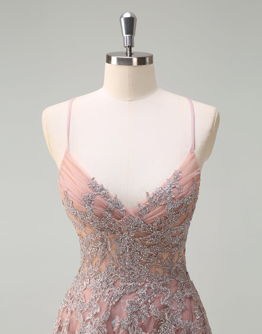 Robe de bal trapèze en tulle blush avec appliques en dentelle spaghetti
