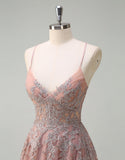Robe de bal trapèze en tulle blush avec appliques en dentelle spaghetti