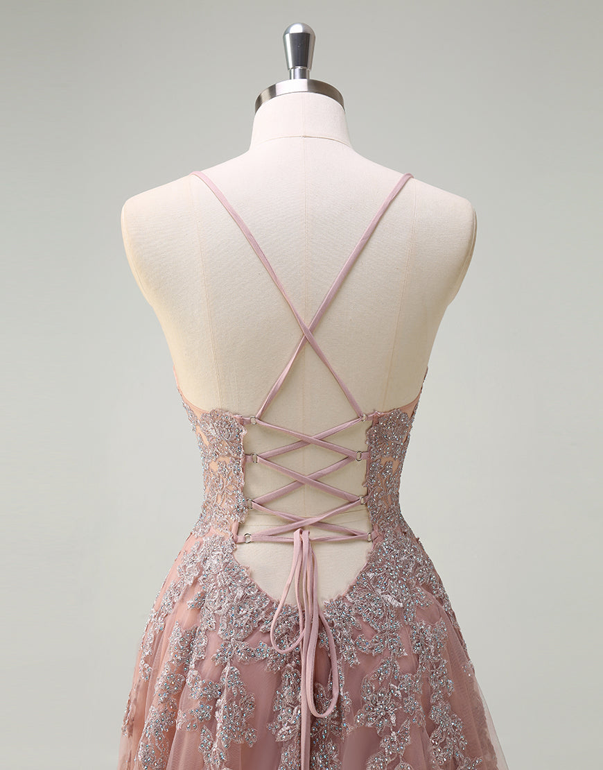 Robe de bal trapèze en tulle blush avec appliques en dentelle spaghetti
