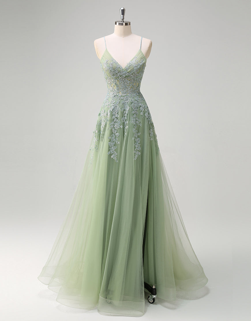 Robe de bal trapèze en tulle blush avec appliques en dentelle spaghetti