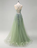 Robe de bal trapèze en tulle blush avec appliques en dentelle spaghetti