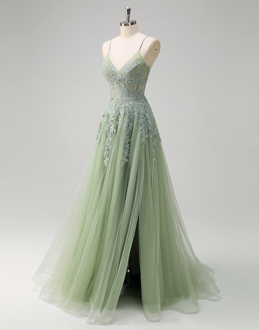 Robe de bal trapèze en tulle blush avec appliques en dentelle spaghetti