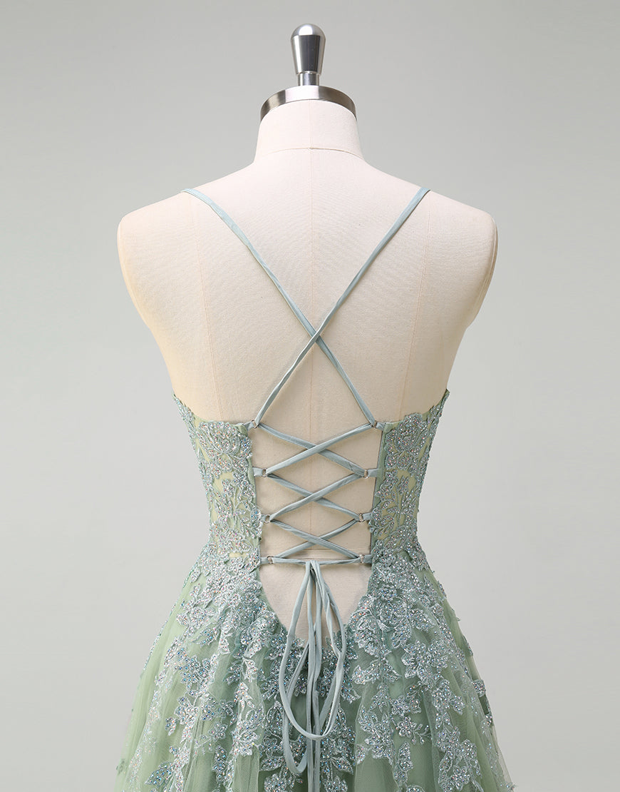 Robe de bal trapèze en tulle blush avec appliques en dentelle spaghetti