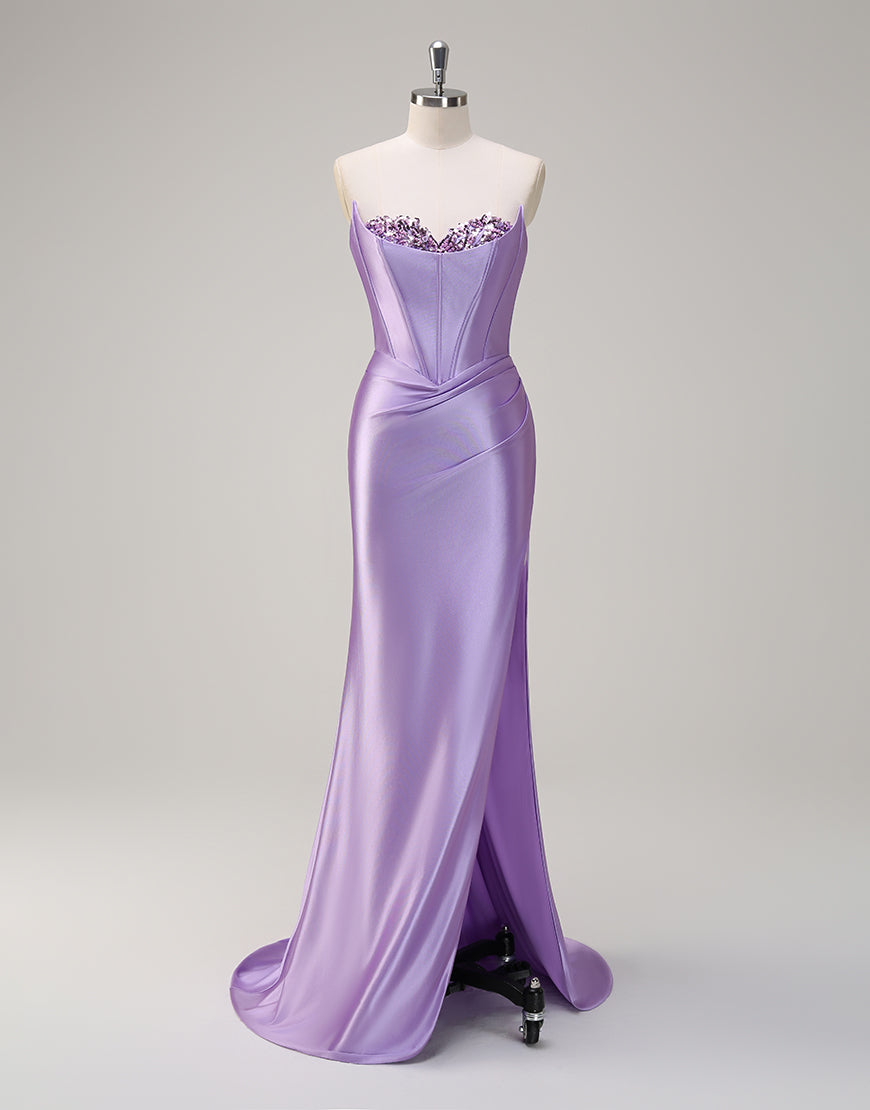Robe de bal sirène à col bateau et cristaux avec fente